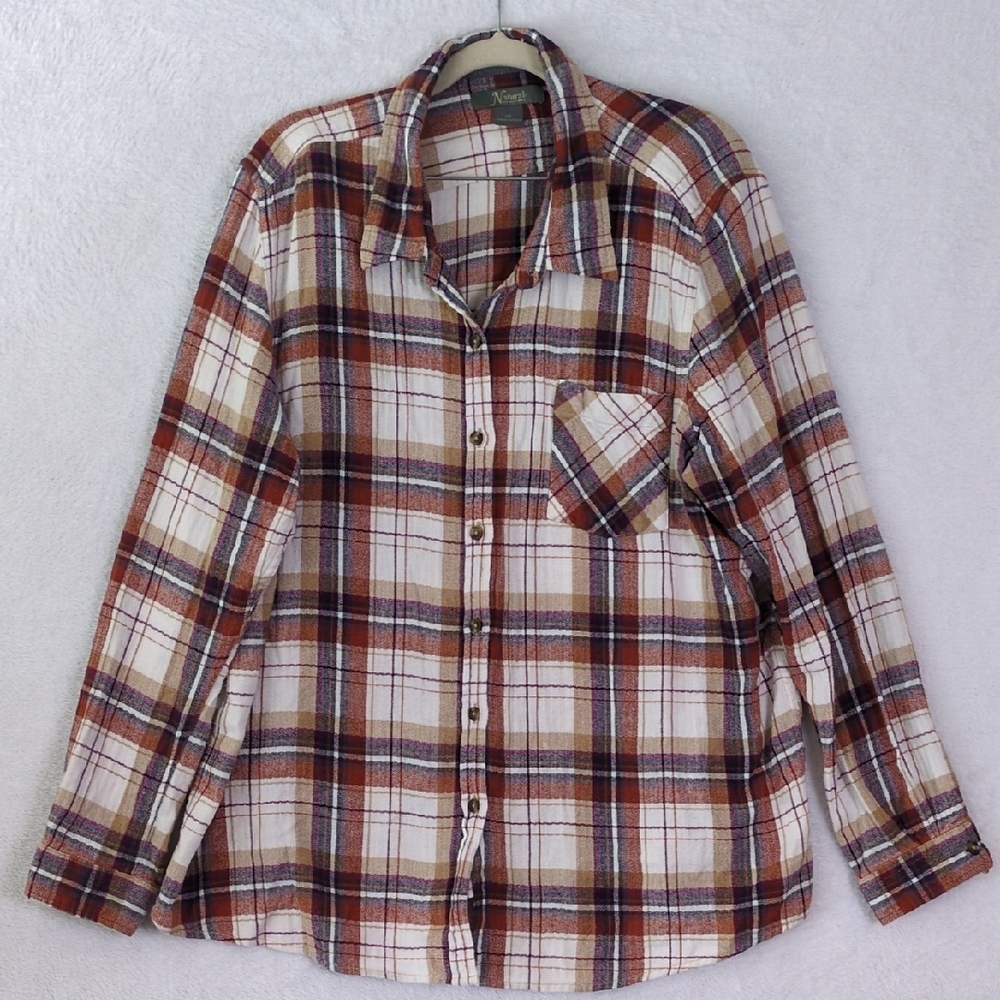 Natural Reflections Plaid Button Down Shirt - Red, Brown, White